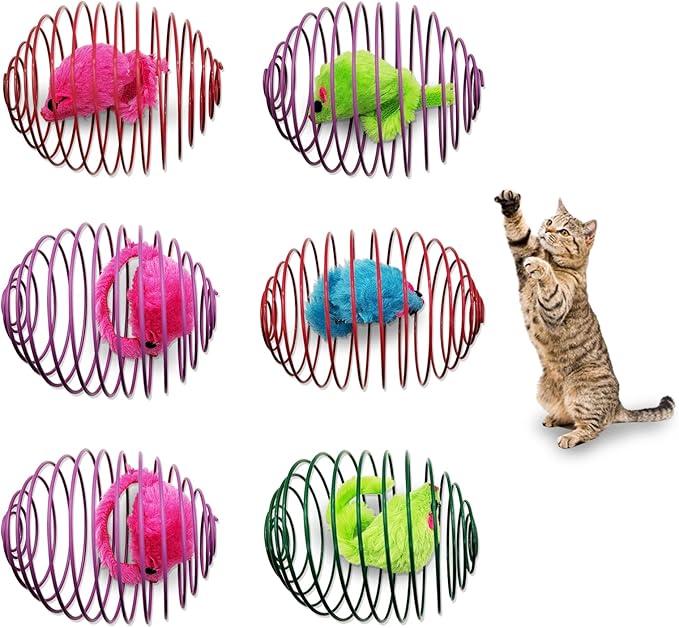 Andiker 6Pcs Cat Spring Toys, 3.9'' Colorful Cat Spring Balls with Mice Interactive Cat Toys Stretchable Metal Cage Balls Spring Cat Toy for Cats Swatting, Hunting Kitten Toys