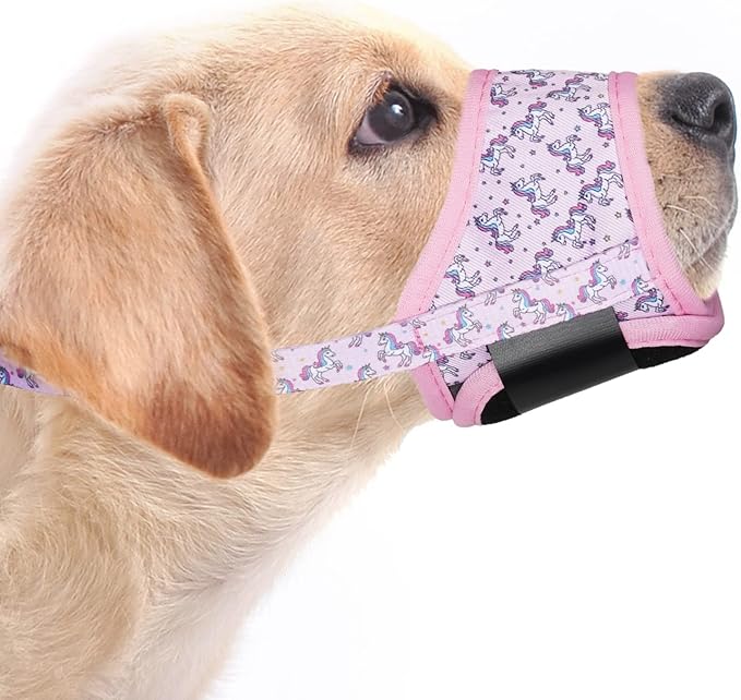 LUCKYPAW Dog Muzzle Anti Biting Barking and Chewing with Comfortable Mesh Soft Fabric and Adjustable Strap, Suitable for Small, Medium and Large Dogs(Pink Unicone,XS)