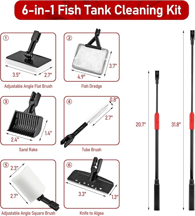 6-in-1 Aquarium Cleaning Tool Aquarium Algae Scraper for Fish Tank Including Fish Brush Sand Rake Pad Sponge Telescopic Handle Multi-Usage Aquariums Glass Cleaner Set for Slatwater Freshwater