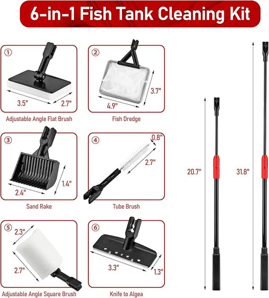 6-in-1 Aquarium Cleaning Tool Aquarium Algae Scraper for Fish Tank Including Fish Brush Sand Rake Pad Sponge Telescopic Handle Multi-Usage Aquariums Glass Cleaner Set for Slatwater Freshwater