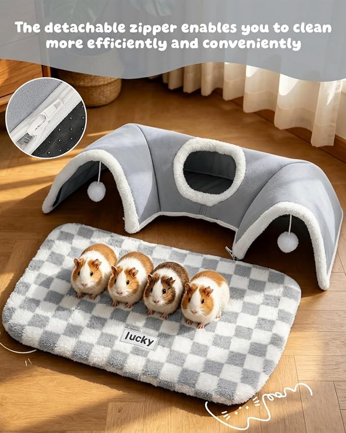 Extra Large Guinea Pig Hideout Tunnel, 3-Cave Small Animal Tunnel for Play Tube Toys Mat, Pet Tunnel for Dwarf Rabbits Bunny Chinchillas Hamsters Hedgehogs Ferrets,Grey, 22.05" × 16.14"× 5.51"