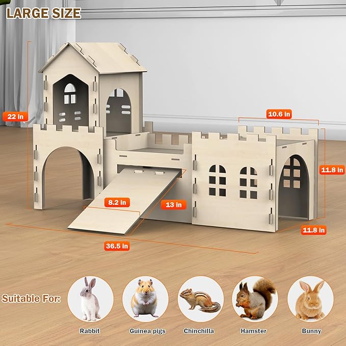 Large Bunny Castle for Rabbits, Wooden Dual-Layer Rabbit House with Stair, Rubber Band-Free Setup - Chew-Proof, Sturdy Habitat for Guinea Pig Chinchilla Ferret (Rabbit House)