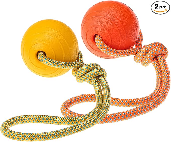 SCENEREAL Floating Dog Pool Toys - Ball on Rope Fetch and Tug-of-War Toy for Medium Large Dogs Outdoor Training, EVA Rubber Water Pet Interactive Toys for Summer Beach, 2 Pack, Orange & Yellow