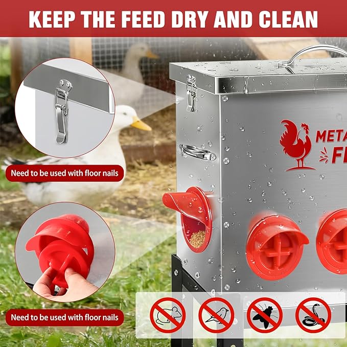 Automatic Chicken Feeder 50 LB Large Capacity with Window 8 Feeding Ports & Buckle Lock Lid and Adjustable Height Stand Chicken Feeder for Chickens Geese Ducks & Poultry(Silver)