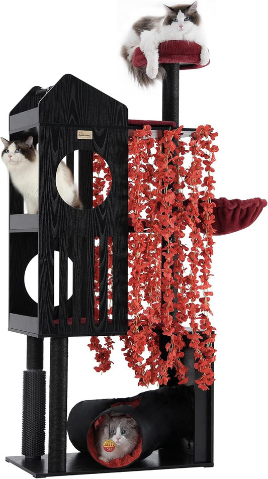 FourFurPets Gothic Cat Tree, 67" Cat Tower for Indoor Cats, Maine Coon Cat Tree for Large Cats 20 lbs+ with Extra-Large Padded Platform, Sisal-Covered Scratching Posts, Comfy Basket, Black & Red