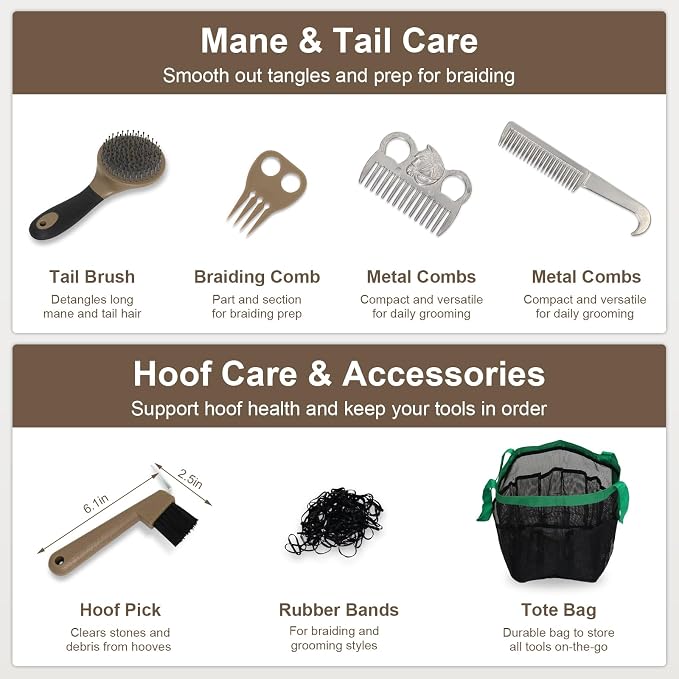 Horse Grooming Kit 14 Pieces, Horse Brushes Set for Grooming & Bathing Supplies, Professional Horse Supplies with Mane & Tail Comb, Curry Comb, Hoof Pick, Gloves & Mesh Tote Bag for Equine Care