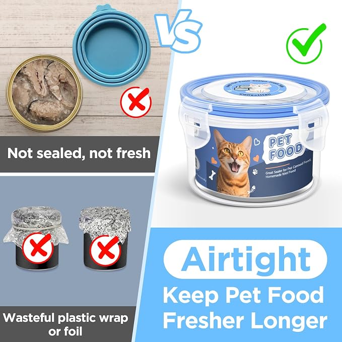2 Pack Cat Food Can Covers Lids, Reusable Airtight Can Cover Pet Food Container - Keeps Canned Cat Food, Cat Wet Food Fresh, Odor-Free, with a SUS 304 Spoon for Easy Scooping