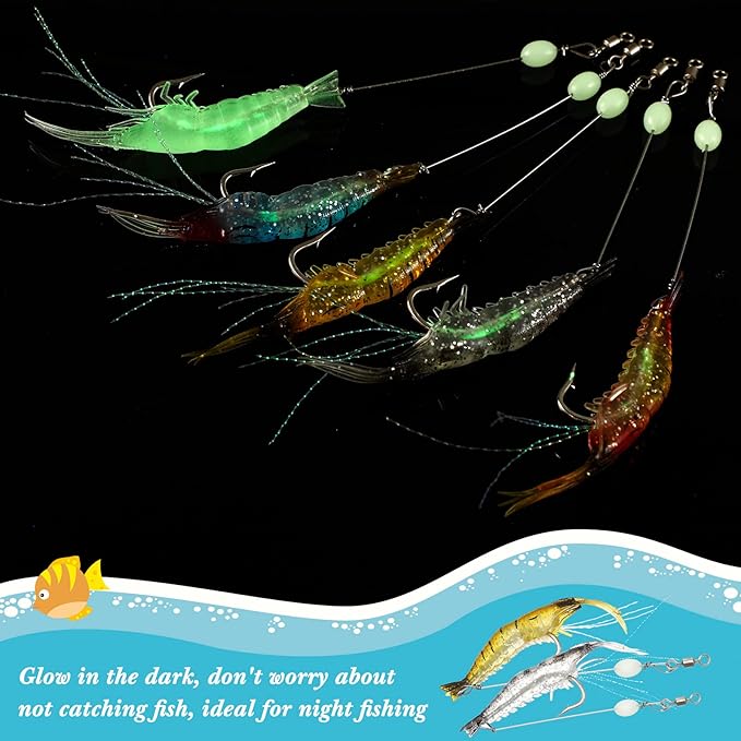 Honoson 35 Pcs Saltwater Fishing Lures Shrimp Baits Set Luminous Shrimp Bait with Beads and Hooks Fishing Lure with Hooks for Freshwater Saltwater Trout Bass Salmon