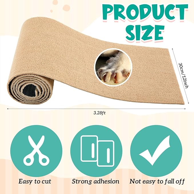 Rabbit Scratch Mat 12Inchx3.28ft Self Adhesive Bunny Scratching Pad Cuttable Claw and Teeth Care Rabbit Mat Chew Toys for Cage Small Animal Scratching Rug for Biting Sleeping Nesting (Khaki)
