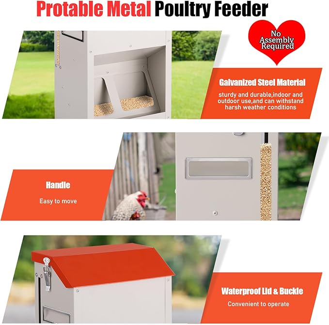 10LB Wall Mount Chicken Feeder, Hanging Poultry Food Dispenser No Waste No Spill for Chickens Ducks Coop Supplies (No Assembly)