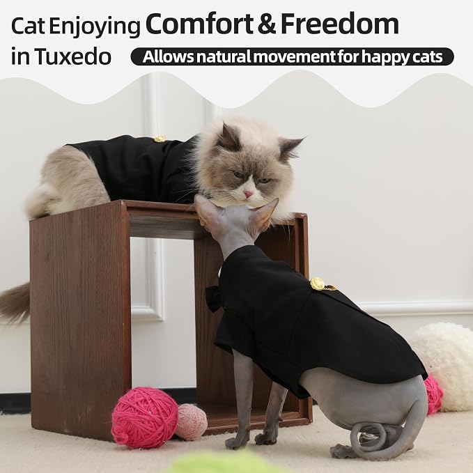 QBLEEV Cat Tuxedo Outfit with Bow Tie, Sphynx Cat Costume Formal Suit Wear | Soft breathable, stylish hairless clothes for cats only, kitten wedding birthday party shirt apparel for male boy