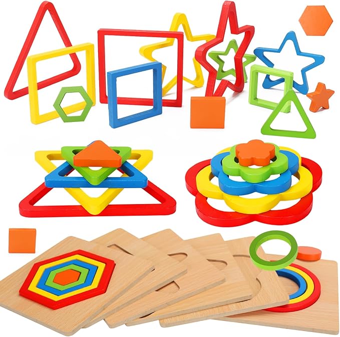 AugToy Toddler Puzzles Montessori Toy Wooden Shape Sorting Puzzle Sensory Toy Toddler Activities Preschool Learning Educational Autistic Developmental 1 2 3 Year Old Girl Boy 1-3 Dementia Game Gift