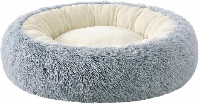Calming Donut Dog Bed Cat Bed, Fluffy Long Fur Outer & Short Fur Inner, Sweat-Free Cozy Cuddler, Non-Slip Bottom,for Small Medium Dogs Cats Puppy Kitten (Donut Bed - Grey, Large Size 23.6 in)