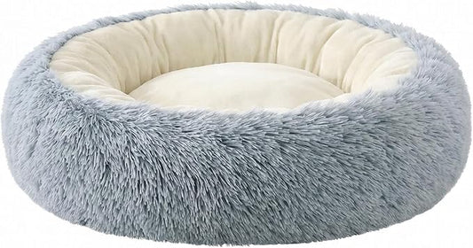Calming Donut Dog Bed Cat Bed, Fluffy Long Fur Outer & Short Fur Inner, Sweat-Free Cozy Cuddler, Non-Slip Bottom,for Small Medium Dogs Cats Puppy Kitten (Donut Bed - Grey, Large Size 23.6 in)