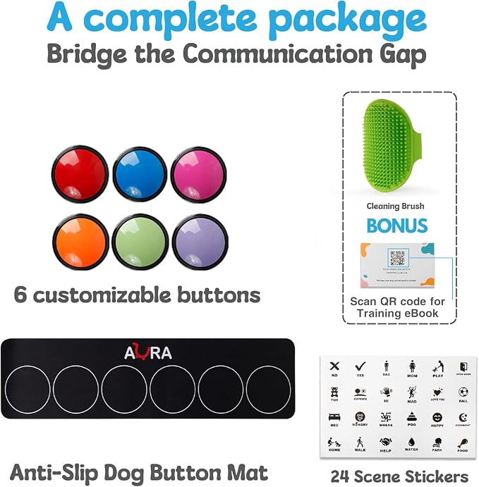 A-URA Dog Talking Buttons for Communication – 6 Recordable Dog Buttons with Anti-Slip Mat, Word Stickers, Training Guide & Video | Dog Communication Buttons for Potty Training, Daily Needs & Behavior