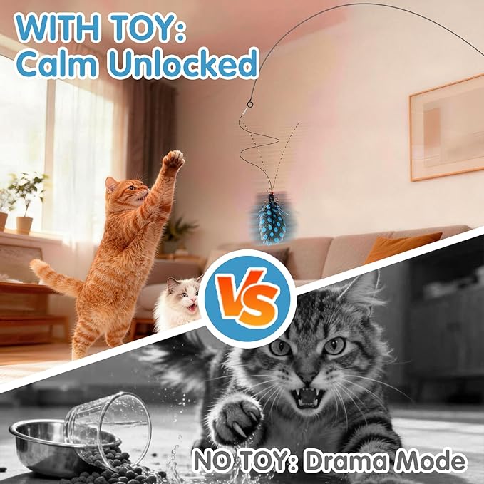 Walfront Interactive Cat Wand Toy with Blue and Green Spotted Insect Heads, Cat Teaser Wand for Multi Cat Homes, Indoor Play for Kittens and Adult Cats, Promotes Fun, Activity, and Owner Bonding