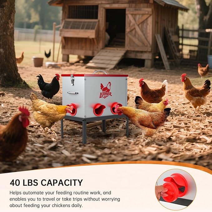 LUIHER Chicken Food Dispenser 40lb 6 Ports Large Capacity Galvanized Metal Poultry Feeder with Legs and Lids - Reduces Refilling Frequency - No Waste Chicken Feeding Equipment for Hen Coop