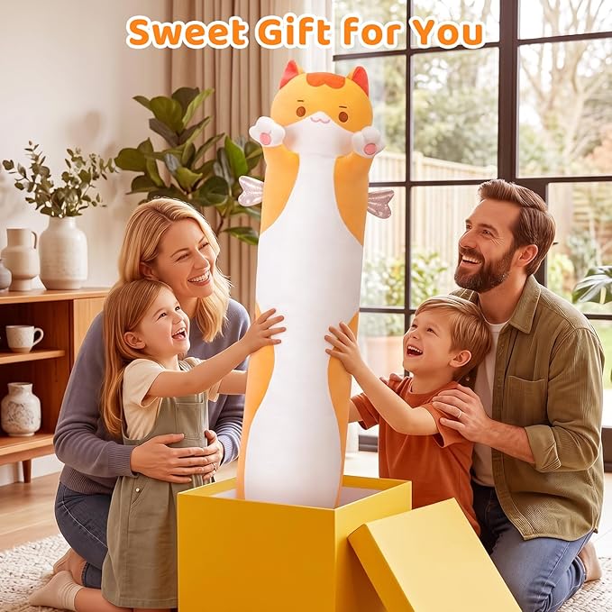 Mewaii Long Cat Plush 5 Sizes, 120% Extra Filling Giant Plushness Kids Body Pillow, Kawaii Cute Brown Cat Stuffed Animals Plushies, Big Long Body Pillow Cat Plush Gift for Girls 20”