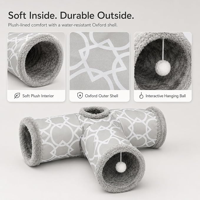Plush Inside 3-Way Shape Small Animals Tube Tunnel with Interactive Ball for Guinea Pig, Hamster, Chinchilla, Hedgehog Hiding and Resting, Geometric Grey