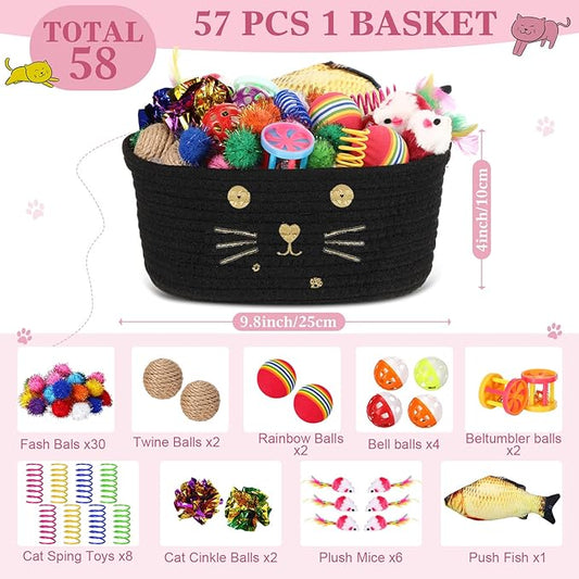 Zopeal 58 Pcs Mother’s Day Cat Storage Basket Gift Toys Set, Colorful Flashing Balls Pet Bell Crinkle Balls Spring Toys Attract Cat to Swat, Hunt, Interactive for Pet(Black,9.8 Inch)