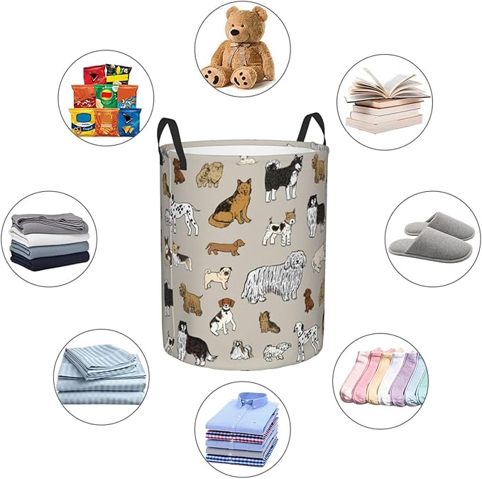 Cute Dogs Print Round Laundry Hamper Storage Basket Toys Clothes Organizer Bin For Home Bathroom Bedroom Dorm Nursery, 62l