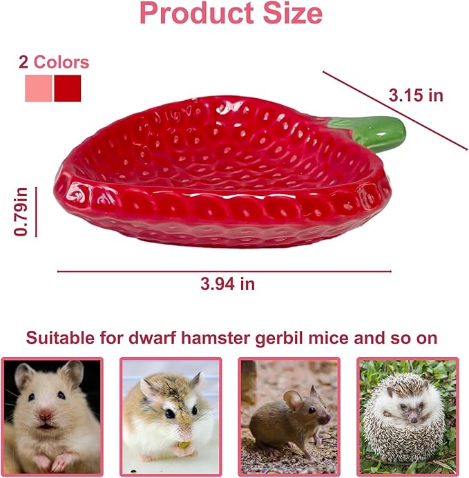 2PCS Hamster Bowl, Hamster Food Dish Ceramic Food Water Feeding Bowl Small Animal Bowls for Gerbil Rat Mice Hedgehog (Strawberry)