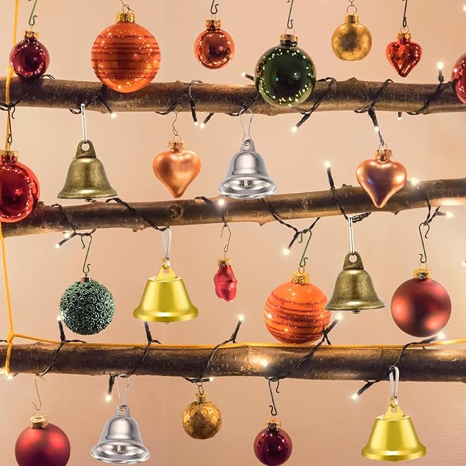30 Pieces Craft Small Brass Bells for Crafts Mini Vintage Bells with Spring Hooks Tiny for Hanging Wind Chimes Making Dog Training Doorbell Wedding Decor, 1.65 x 1.5 Inch (Bronze, Silver, Gold)