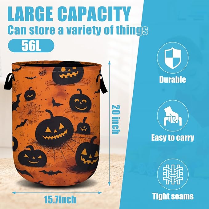 Spooky Pumpkin Laundry Basket, Halloween Laundry Hamper Collapsible Oxford Cloth with Handle Clothes Storage Bin for Bathroom Laundry Room Bedroom 15.7 X 20 Inch