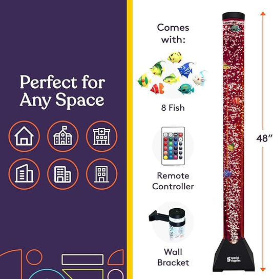 Special Supplies Aquarium Sensory Fish Bubble Light Tube with 16 LED Color Changing Nightlight Effect, Remote Control, and 8 Fishes, Colorful Floor Standing Lamp for Kids and Adults (4 feet) (Style 1)