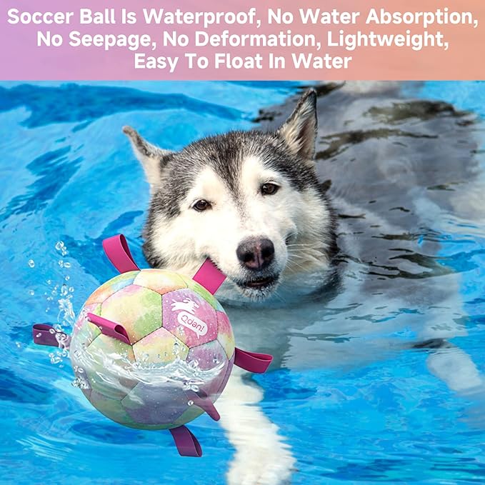 QDAN Extra Large Dog Toys Soccer Ball for Extra Large Dogs - Durable Dog Ball for Beach Pool Water Toy, Interactive Tug of War, Puppy Birthday Gifts, Rainbow (9 Inch)