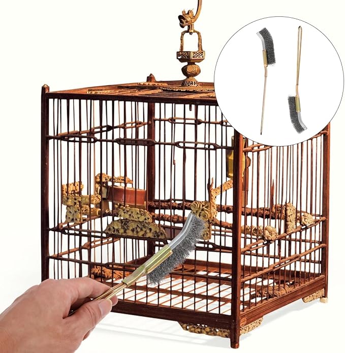 Angoily Bird Cage Cleaning Brush 2-Pack Long Handle Wire Bristle Cage Brush for Pet Supplies Easy Stubborn Stain Removal and Daily Grooming