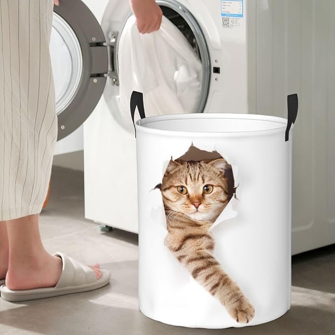 Cute Cat In White Hole Round Laundry Hamper Storage Basket Toys Clothes Organizer Bin For Home Bathroom Bedroom Dorm Nursery, 62l