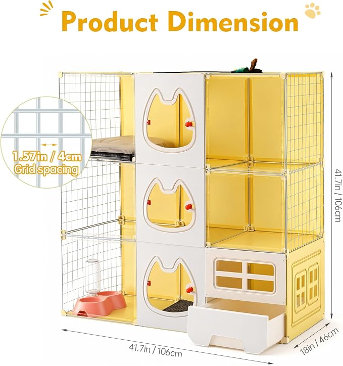 Cat Cage with Litter Box & Clear Door,Indoor Cat Cage Playpen,DIY Cat Enclosures,Multi-Level Detachable Metal,Ferret Cage 42" x 18" x 42"