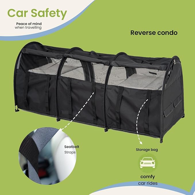 Portable Three Compartment Show House Cat Cage Condo - Easy to Fold & Carry Kennel - Comfy Puppy Home & Dog Travel Crate with Portable Carry Bag,2 Hammocks,3 Mats and Collapsible Litter Boxs
