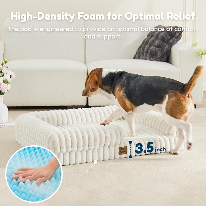 ChiXnuggle Orthopedic Dog Bed with Bolster Sides for Sleeping, Fluffy Plush Rectangular Dog Bed Large Sized Dog, Luxury Striped Faux Fur Waterproof Dog Couch with Removable Washable Cover, Cream