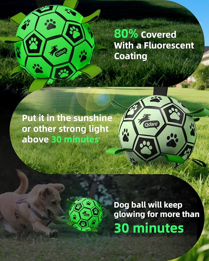 QDAN Dog Ball, Glow in The Dark Dog Toys, Light Up Soccer Ball for Dogs, Outdoor Dog Toys, Doggy Water Toy, Puppy Birthday Gifts for Medium Large (8 Inch)
