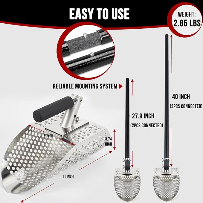 Sand Scoop for Metal Detecting, Metal Detector Scoop with Long Fiberglass Handle, Stainless Steel Sand Sifter for the Beach, Sand Flea Rake, Metal Detector Accessories, Metal Detecting Shovel