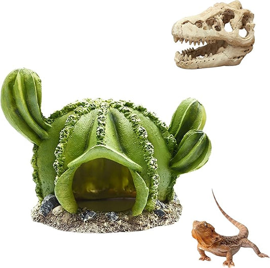AWXZOM Reptile hideouts Come with Dinosaur Skull Hideout, Resin Cactus Desert Aquarium Tank Habitat Accessories for Bearded Dragon Chameleon Leopard Gecko Snake Fish (Ball Cactus)
