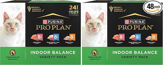Purina Pro Plan Indoor Balance Chicken,Salmon,and Ocean Whitefish and Tuna Cat Food Wet Entrees Variety Pack - Can,(Pack of 48)