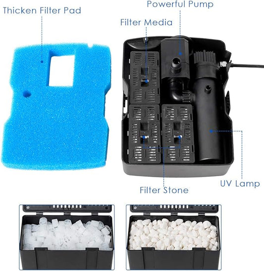 Goplus 4 in 1 Submersible Pond Filter Pump, 660 GPH Fountain Pump w/ 9-Watt S-terilizer & 3 Nozzles, All-in-One Water Pond Cleaning System w/Built-in Pump Outdoor(Black)