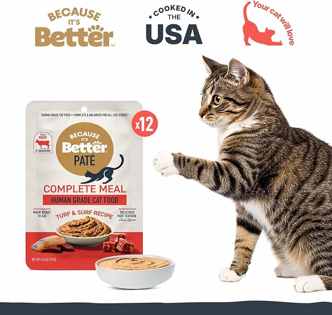 Because It’s Better Pate Complete Meal - Wet Cat Food - Turf & Surf Recipe - Organic, Balanced, Smooth Pate Texture, Human-Grade Ingredients, Grain Free, 2.6 oz Pouches (12 Count)