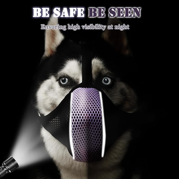 Mayerzon Dog Muzzle, Patented Mesh Soft Muzzles for Large Medium Small Dogs Poodle Husky Doberman Labrador Retriever for Scavenging Grooming Biting Chewing, Breathable Reflective Mussel with Collar