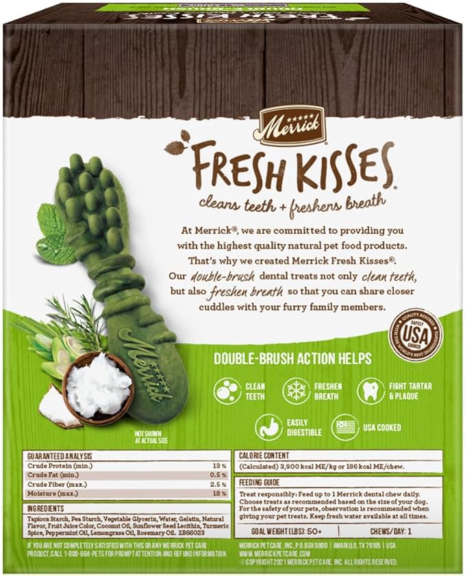 Merrick Fresh Kisses Dental Chews for Dogs Infused with Coconut and Botanical Oils, Large Dog Chews for Dogs Over 50 lbs., 27 oz. Box