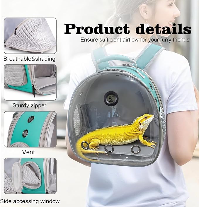 Bearded Dragon Travel Backpack Carrier with Reptile Thermometer and Humidity Gauge Lizard Travel Cage Space Capsule Clear Bubble Window Astronaut Reptile Bag for Ball Python (Green, BE Backpack)