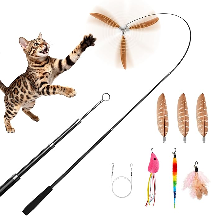 Potaroma Carbon Fiber Cat Wand Toy – Lightweight Retractable Interactive Feather Teaser Stick with 6 Detachable Feathers, Indoor Kitten Fishing Pole Toy with Bells, Durable Enrichment Fun