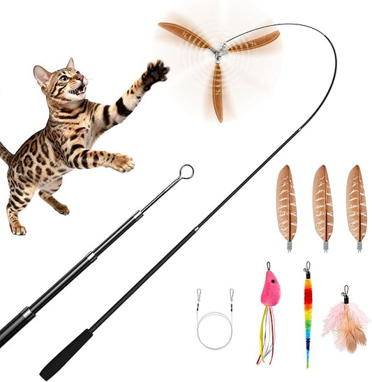 Potaroma Carbon Fiber Cat Wand Toy – Lightweight Retractable Interactive Feather Teaser Stick with 6 Detachable Feathers, Indoor Kitten Fishing Pole Toy with Bells, Durable Enrichment Fun