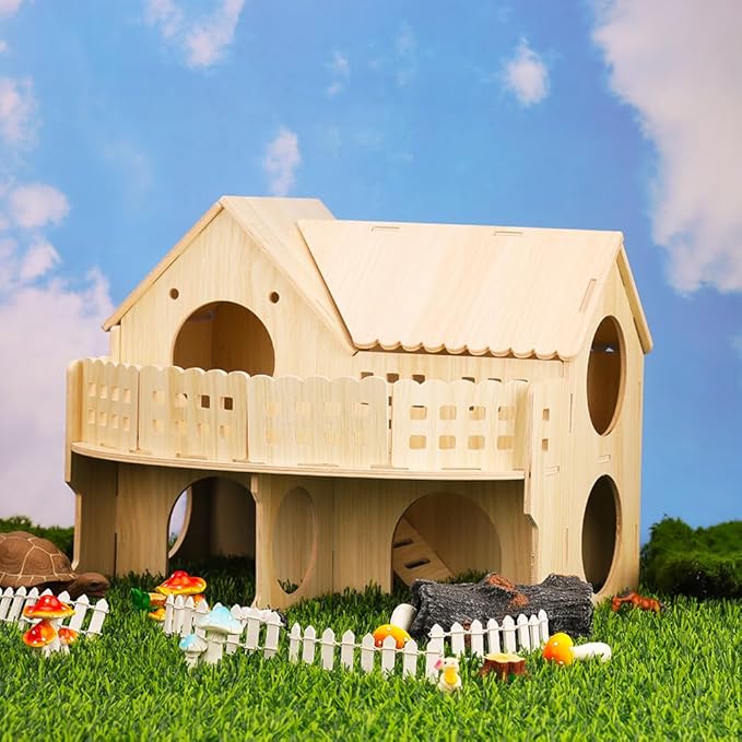 Baby Guinea Pig Maze Wooden House Fun Slide House Double-Decker House, Suitable for Guinea Pigs, Large Syrian Hamsters, Chinchillas Adult Dwarf Gerbils and Other Small Animals(Large Size)