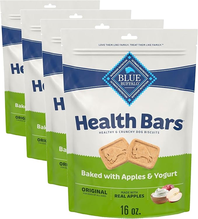 Blue Buffalo Health Bars Crunchy Dog Biscuits, Oven-Baked with Natural Ingredients, Apples & Yogurt, 16-oz Bag, (Pack of 4)