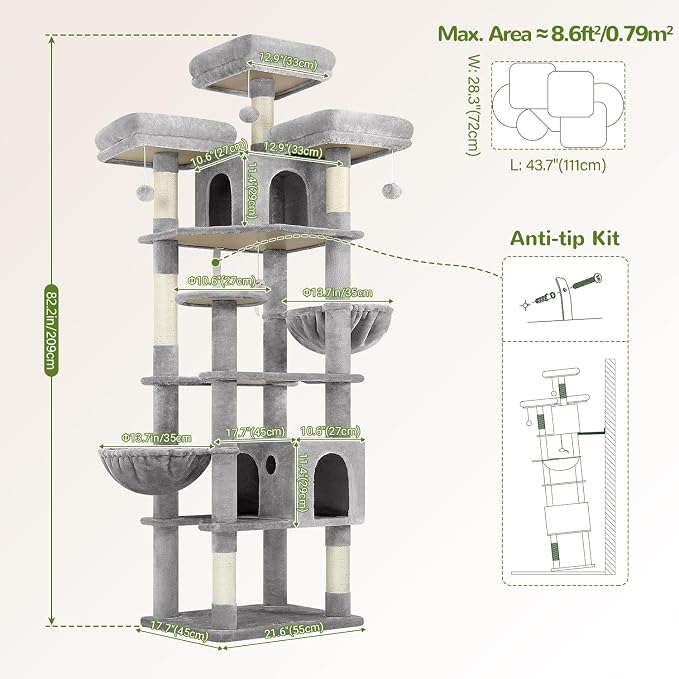 Globlazer Cat Trees and Towers for Multiple Adult Cats, 82-inch XXL Tall Cat Tree Tower for Indoor Cats with Scratching Post, 3 Perches, 2 Condos, 2 Hanging Baskets, F82, Light Grey
