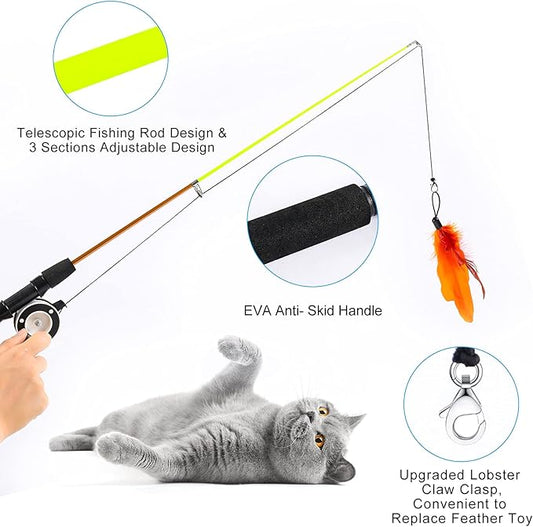 9 PCS Cat Fishing Pole Toy, Retractable Cat Feather Toys with Cat Wand Plush Fish Worm Feathers with Bells Catnip Interactive Cat Teaser Toys for Kitten Cat